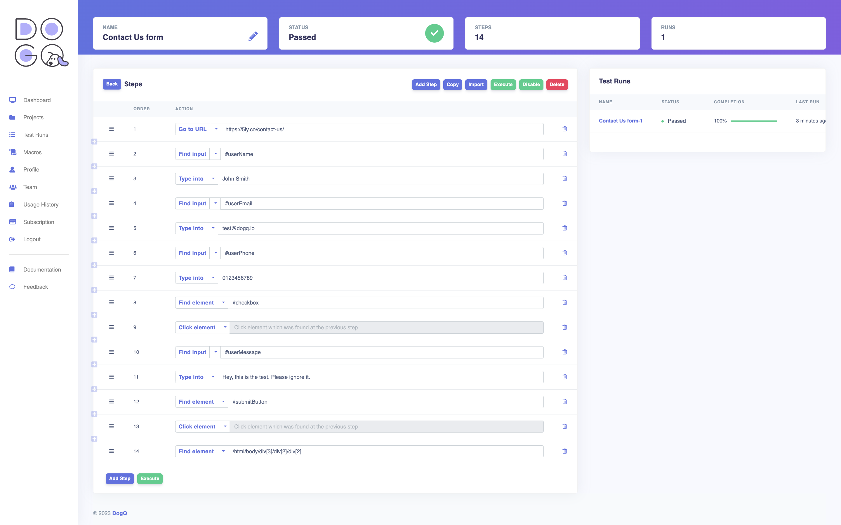 Automation test plan example with DogQ